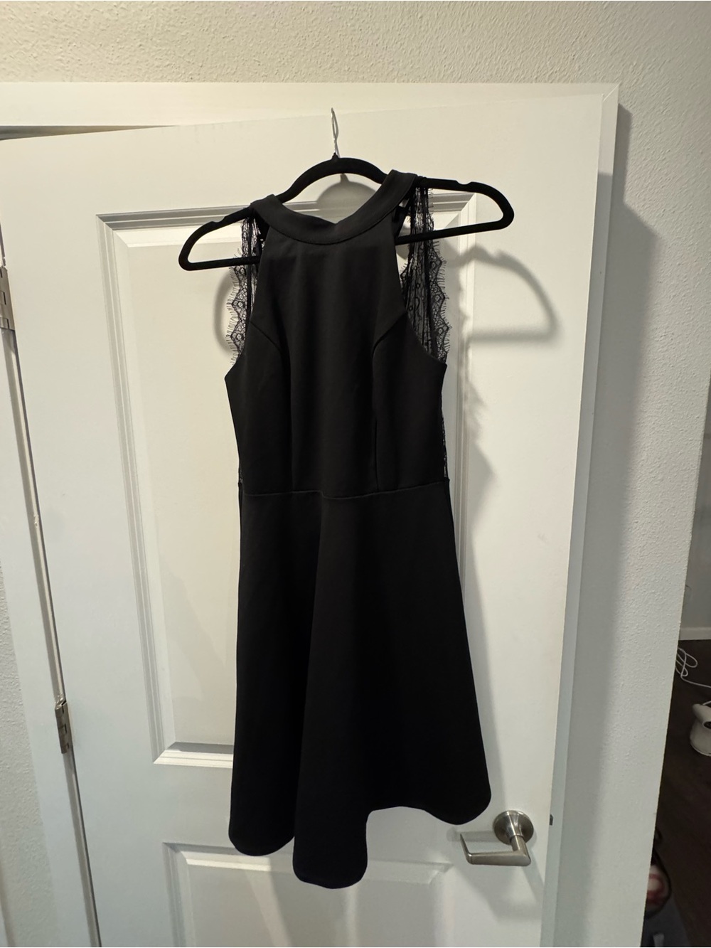 Soprano Black Sleeveless Fit-and-Flare Dress with Lace Insets